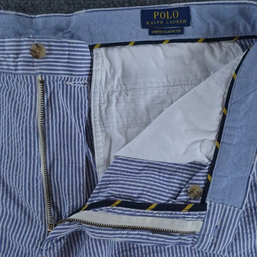 Polo Ralph Lauren Mens 38 Blue White Seersucker Stretch Classic Fit Shorts